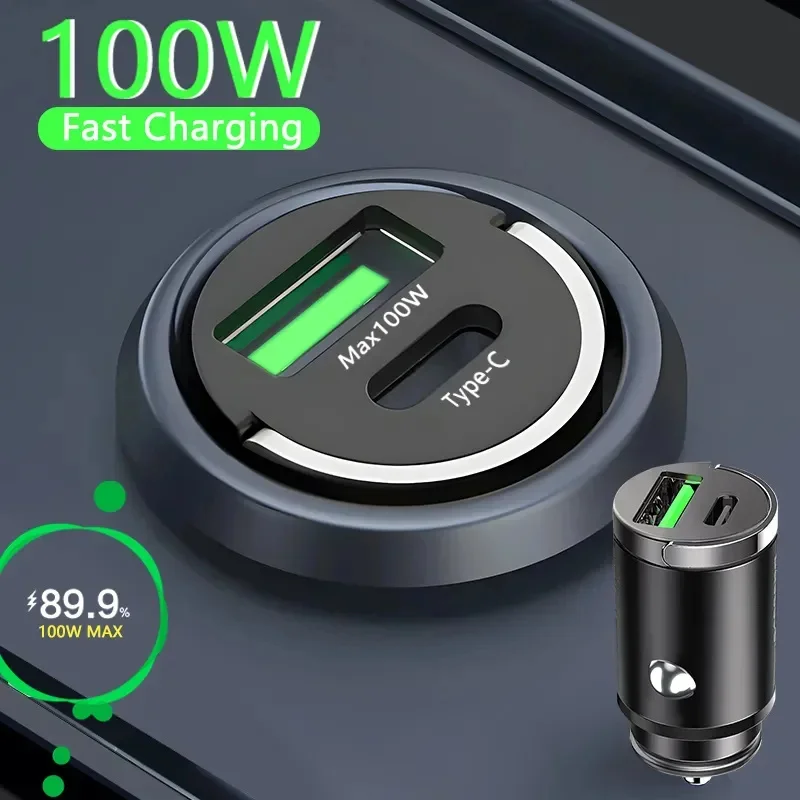 

100W Mini Car Charger Lighter Fast Charging for iPhone QC3.0 Mini PD USB Type C Car Phone Charger for Xiaomi Samsung Huawei