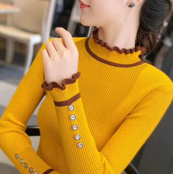 

2022 Women's Autumn Winter Sweaters Fashion Button Ruffles High Collar Ladies Sweater Inner Wear Slim Knitted Pullovers