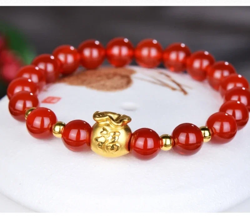 

999 New Pure 24K Yellow Gold Bracelet 3D Bless FU Bag & 3mm Lucky Beads Red Agate Beads Chain