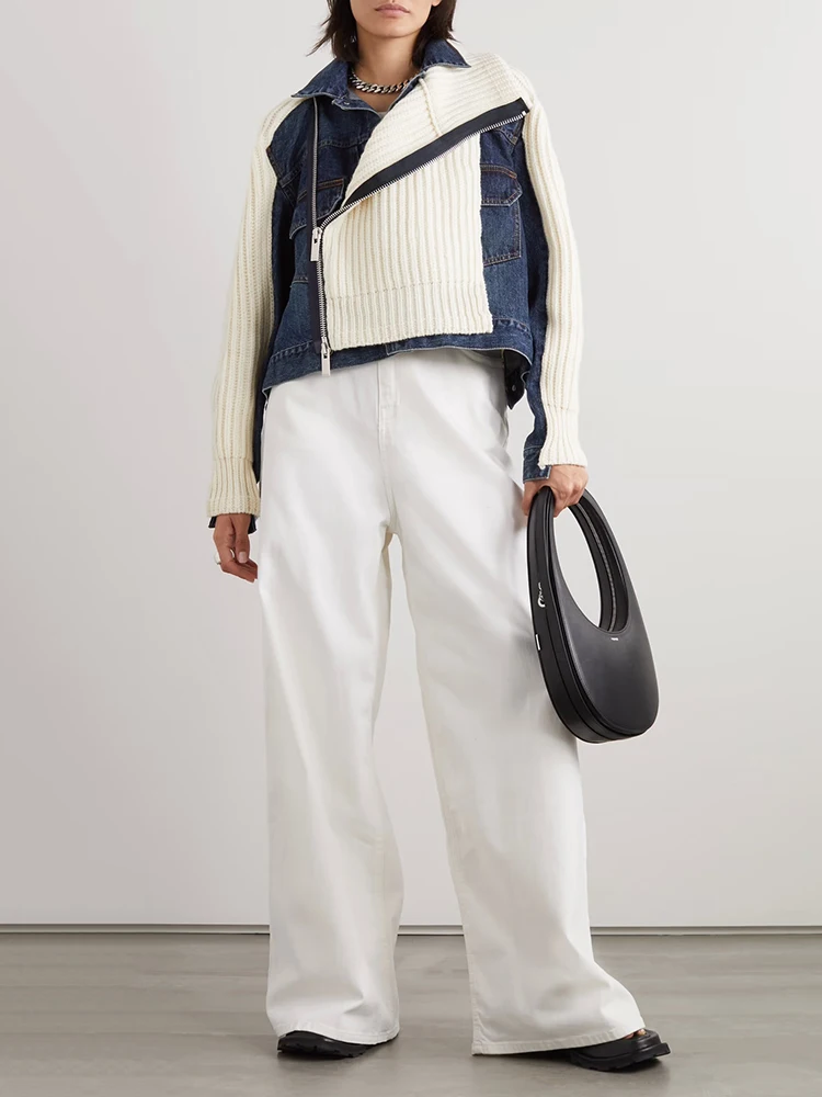 

High neck denim collision color splicing Women's jacket chic and elegant side zipper long-sleeved knitted short jacket 2023 New