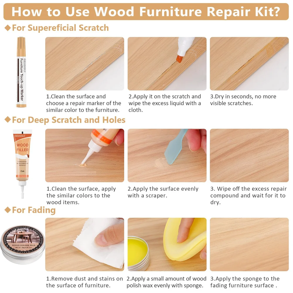 SEISSO 6 Colors Natural Wood Furniture Repair Kit Touch Up Markers Filler Polish Wax for Scratches Cracks Tables Doors Floors