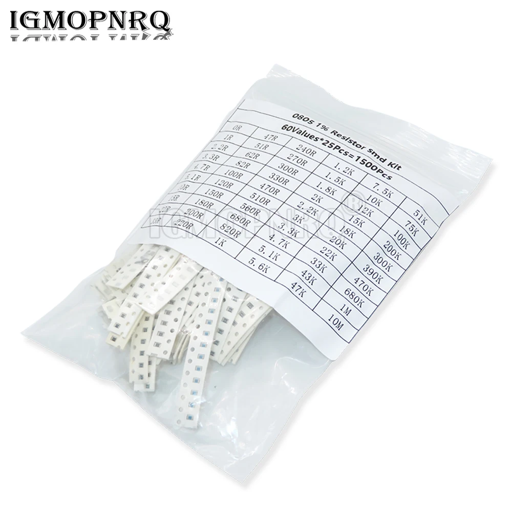 1500PCS SMD 0603 0805 Widerstände Assorted Set (60 Werte X 25Pcs) 0R-10M Ohm 1% Hohe Präzision Film Chip Widerstand Kit – Detail 3