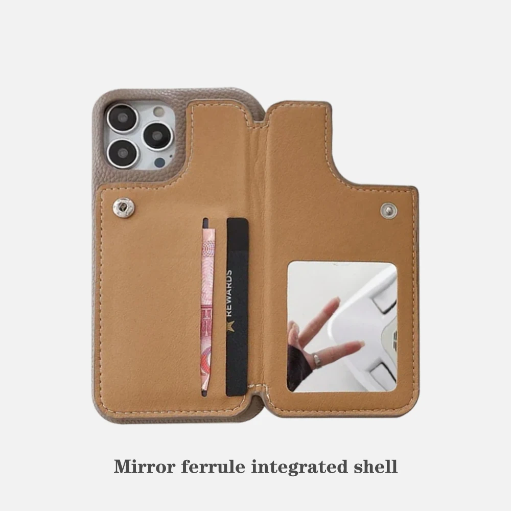 

Khaki Leather with Makeup Mirror Card Bag for Iphone 15 12 13 14 ProMax Women's Makeup Mirror Luxury and Simple Design with Ring