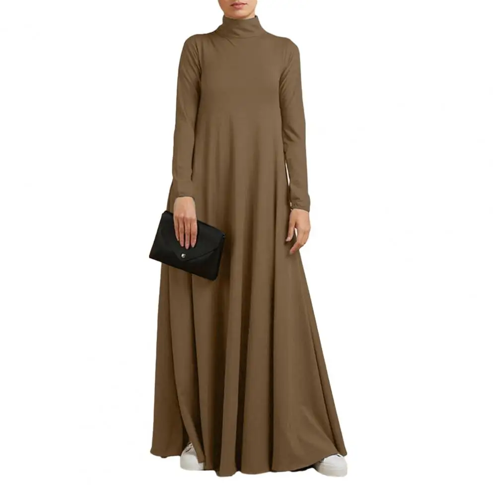 

Elegant Women Dress Muslim High Collar Long Sleeve Loose A-line Solid Color Elastic Pullover Full Length Maxi Dress