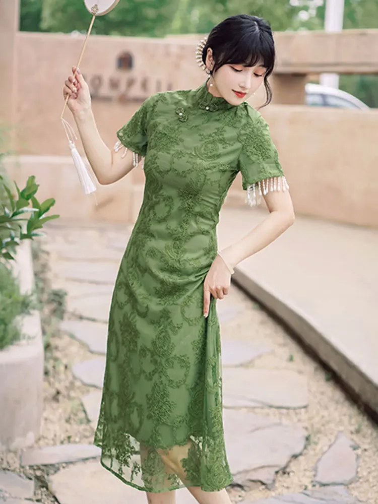 

Summer new women's retro Chinese style silk pearl tassel improved new Cheongsam slim slim half high collar long dress