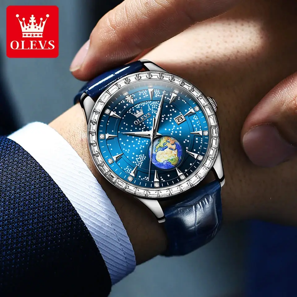OLEVS Quartz Watch for Men Luxury Starry Sky Globe Dial Calendar Stainless Steel Waterproof HD Luminous Fashion Men's Wristwatch
