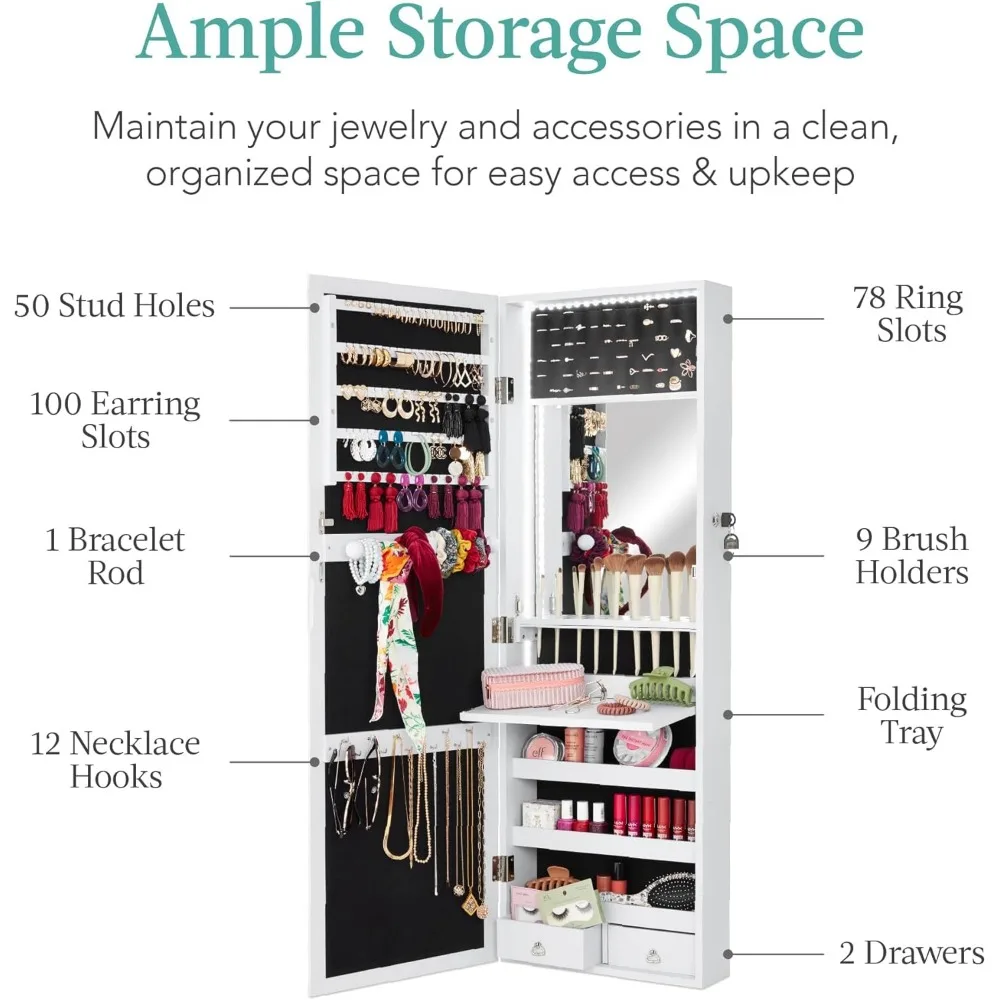 LED Mirror Jewelry Cabinet,  Armoire Organizer with Mirror, 2 Drawers, Lock, Cosmetic Tray, Shelves - White 4