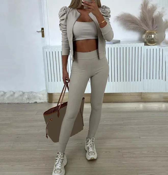 

Осень-зима 2023, весенний Модный повседневный Женский комплект из двух предметов, наряд, складной дизайн, топ на молнии с рукавом Pengpeng, брюки, костюм