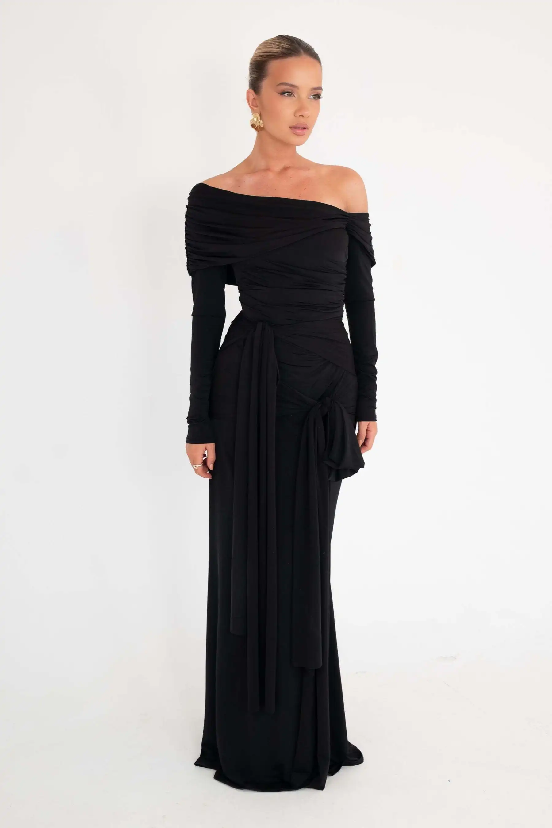 Elegant Long Sleeved Stretch Tight Bow Pleated Evening Dress Women Sexy Backless Bodycon Party Autumn Winter Vestido