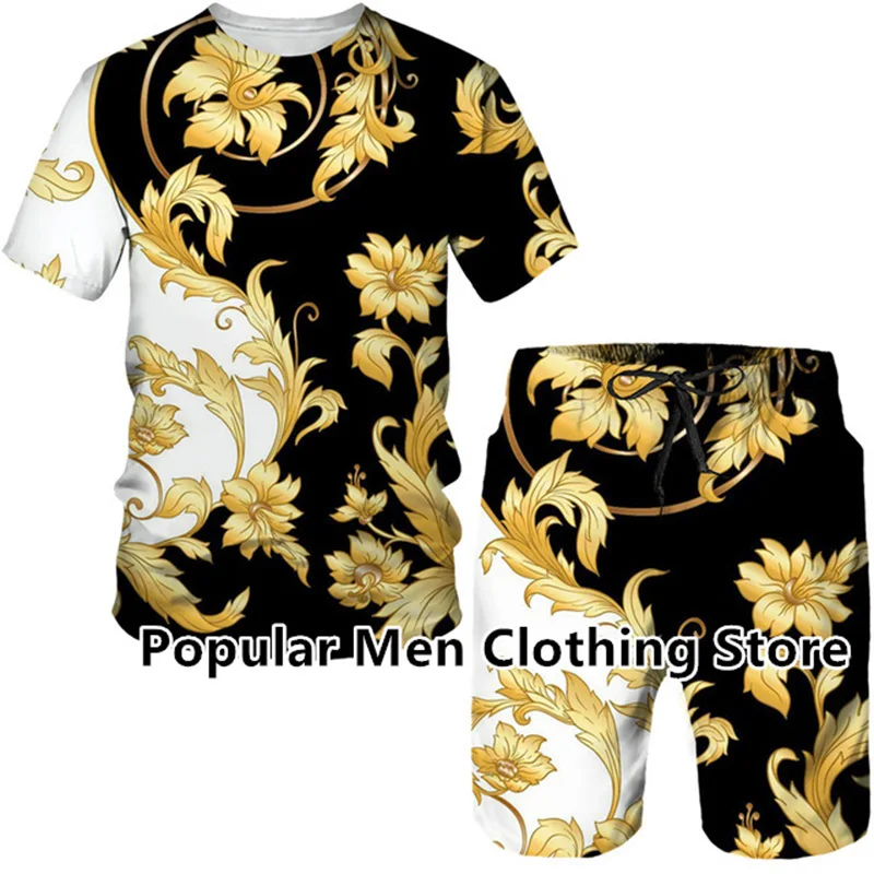 Summer Men's Tracksuit Golden Lion Statue Pattern 3D Print Short Sleeve T Shirt Shorts Suit Baroque Style Hip Hop Streetwear Set