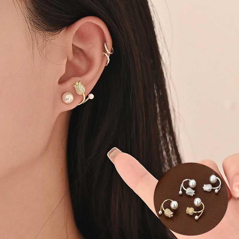 

100% 925 Sterling Silver Pearl Flower Earrings for Women Girl Zircon Fashion Tulip Design Jewelry Party Gift Dropshipping