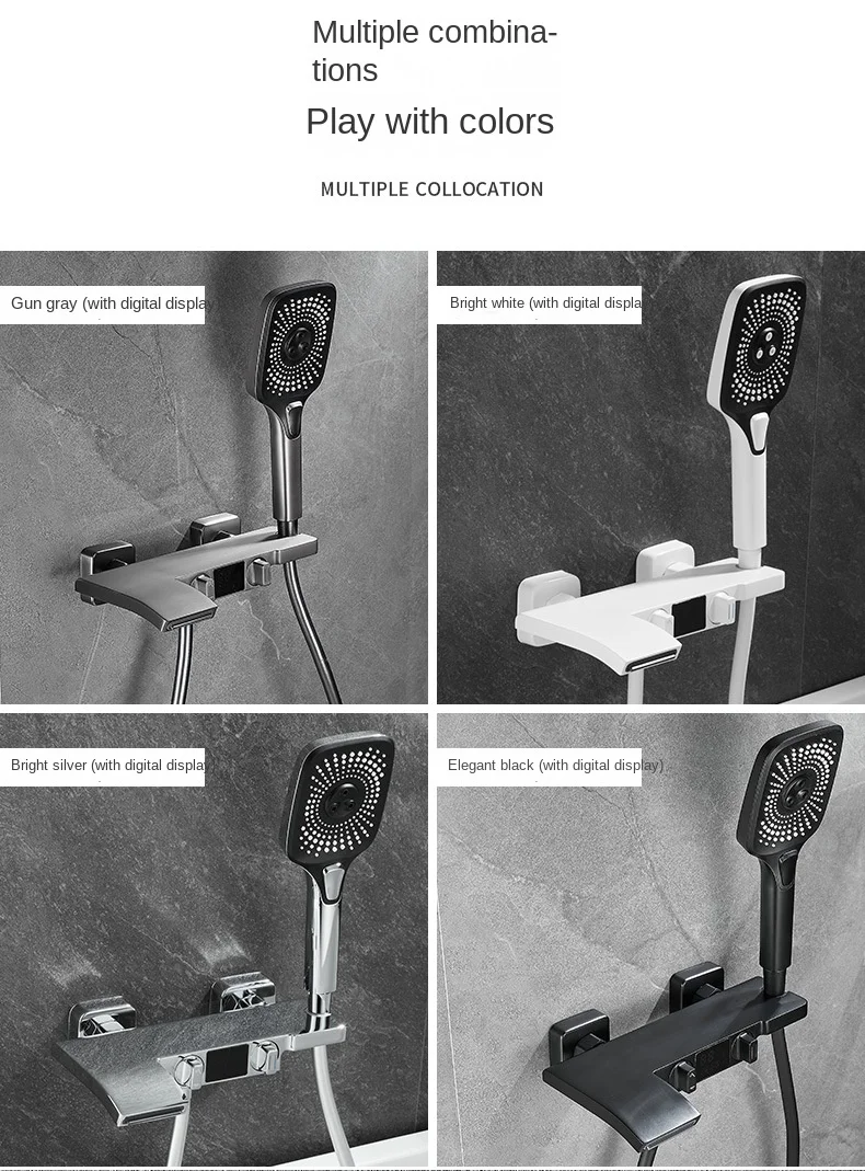 Description Picture 3 of itemModern Waterfall Shower Set with LED Display, Wall-mounted Hot and Cold Mixer Valve, Bathroom Gunmetal Grey Shower System