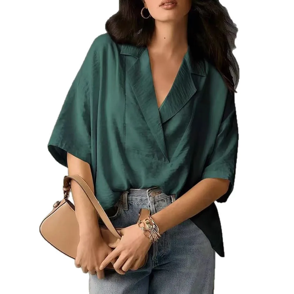 Women Loose Spring Summer Blouse Short Sleeve Pullover