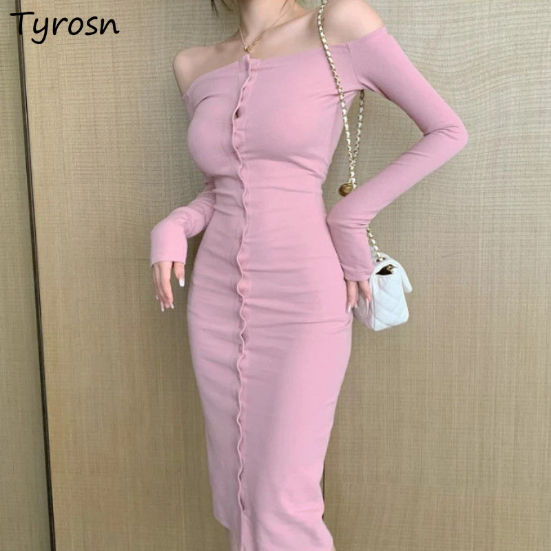 

Dresses Women Midi Hip Wrapped off-shoulder Long Sleeve Solid Sheath Simple Korean Style Fashion Single-breasted Sexy Elegant