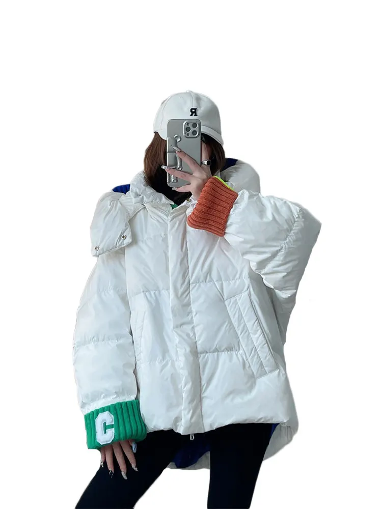 

Down Cotton Jacket Women Fashion Knitted Letters Stitching White Duck Down Thickened Warm Jackets Female Winter Clothing N1586