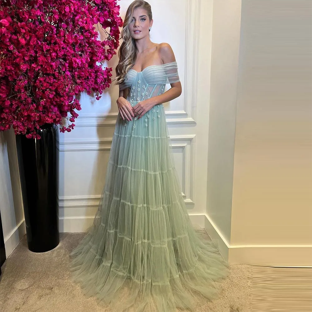 

Xijun Mint Green Saudi Arabic Tulle Evening Dresses Sweetheart Off the Shoulder A-Line Pleat Ruched Prom Dress Formal Party Gown