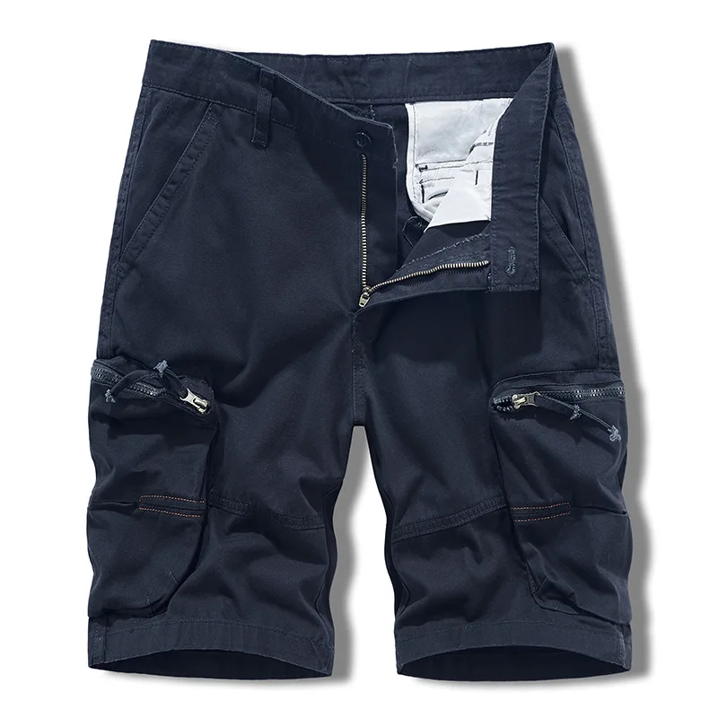 Mehrere Taschen, einfarbig, für den Sommer, lässige Cargo-Shorts für Herren, japanischer Safari-Stil, reine Baumwolle, Reißverschlusstasche, knielange Herren-Shorts_voghion.com