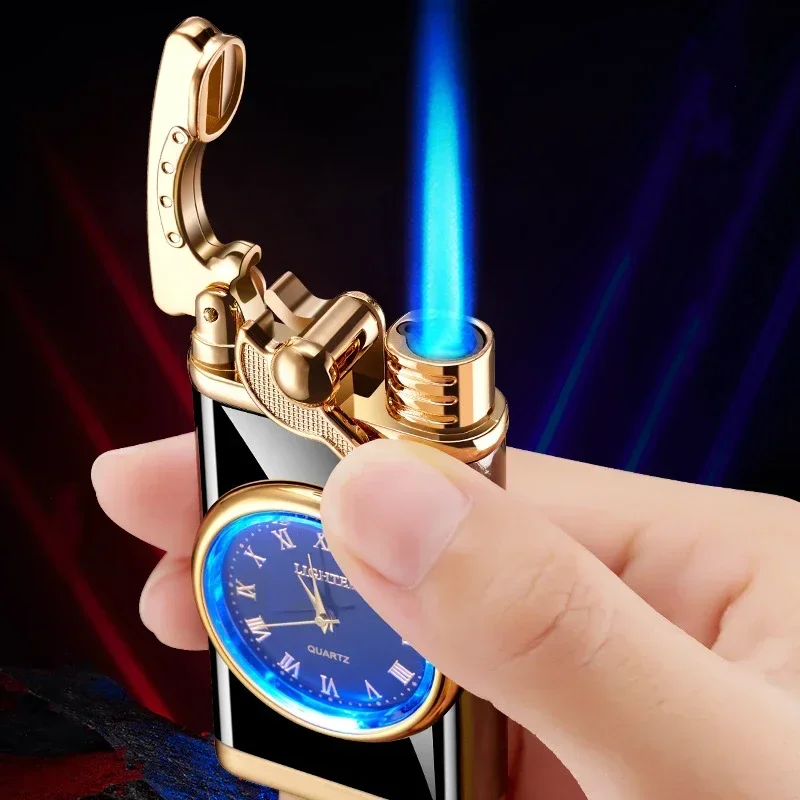 New Quartz Watch Windproof Lighter Metal Blue Light Rocker Arm Butane Jet Flame Torch Lighter Smoking Men's Gift Ignition Tools