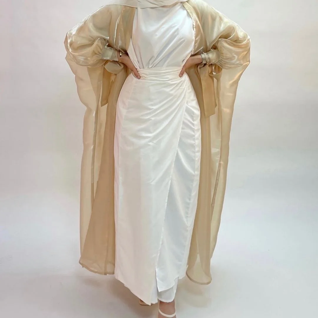 Summer Abaya Dubai Shiny Soft Puff Sleeves Muslim Dress African Dresses for Women Silky Robe Dubai Turkey Islam Abayas