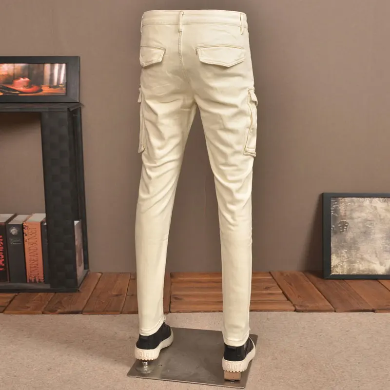 High Street Fashion Men Jeans Beige White Stretch Skinny Fit Spliced Biker Jeans Homme Pocket Designer Hip Hop Denim Pants Men