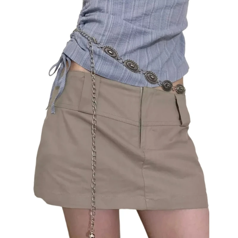 

F42F Леди Элегантный стиль PU поясной ремень с этническим узором поясная цепочка для банкетного платья