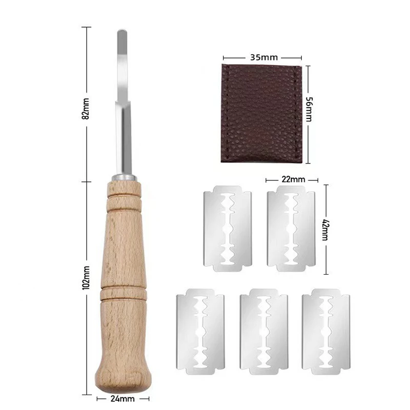 Cake slicer bread cutter wooden handle lame slashing tool 5 razor blades leather cover curved dough scoring knife