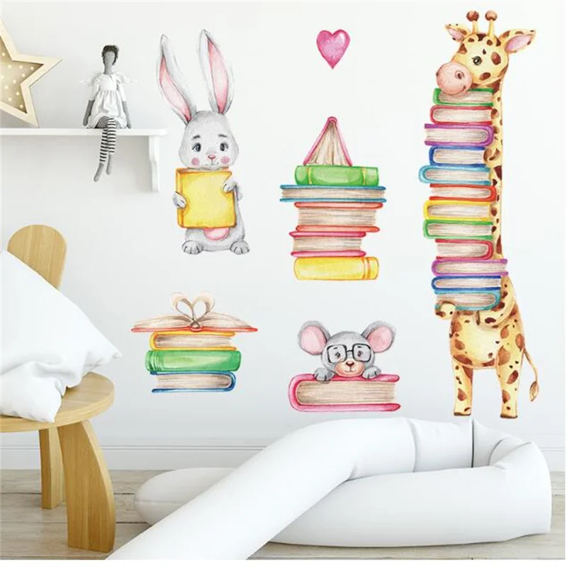 

Giraffe Rabbit with Book Wall Stickers Nursery Decor Kids Reading Room Decoration Student Library Decal Classroom Mural Posters