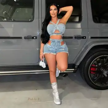 Streetwear Hollow Out Jeans Shorts Outfit Set Sexy Women Elegant Two Pieces Denim Club Matching Set Top+Shorts 1