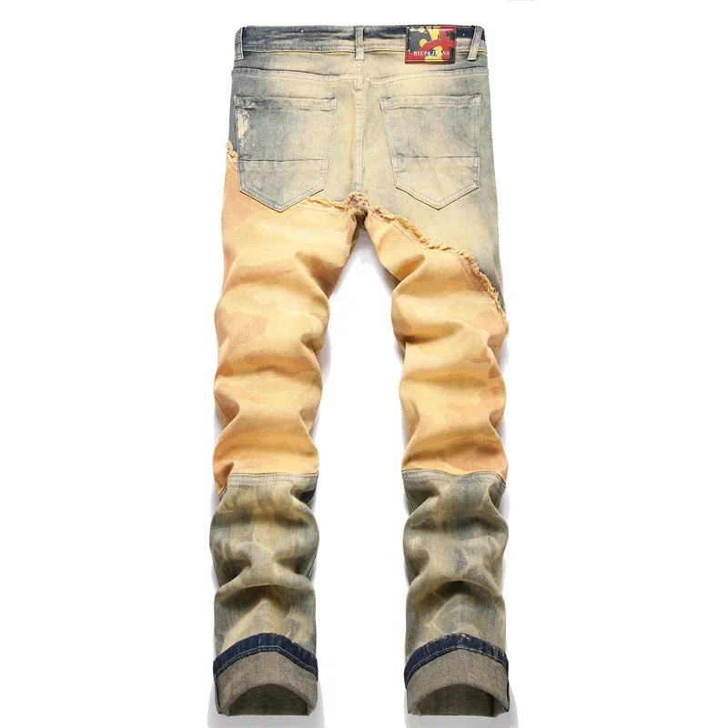 Leopard Tattered Jeans Men's Snake Skin Embroidery Worn High Elastic 3D Inner Embroidery Zipper Bleached Slim Fit Pants Pocket 2