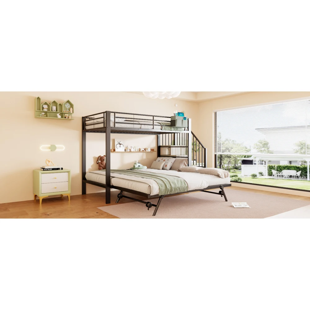 Schwarzes Metall-Eisenrahmen-Etagenbett 90×200 180×200cm Multifunktionales Ausziehbett mit Aufbewahrungstreppen & Stofftasche Platzsparend – Detail 27
