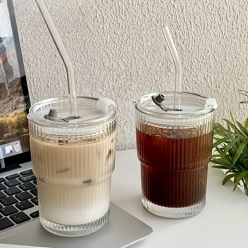 Glass Cup 1/2PCS 450ml Stripe Glass Cup Transparent With Lid and Straw Ice Coffee Mug Tea Cup Juice Glass Milk Water Drinkware