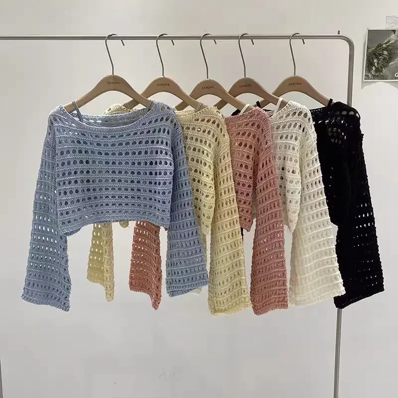 Vintage Hollow Out T-shirt Casual Knit Sweater Loose Y2K T-shirt Crewneck Thin Sweater Autumn Pullovers Fashion Streetwear