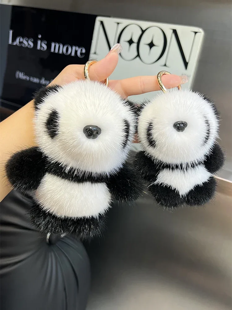 

Cute Real Mink Fur Panda Key Chains Plush Toy Girls Bag Hanging Ornaments Pendant Women's Car Keyring Trinkets Classic Kids Gift