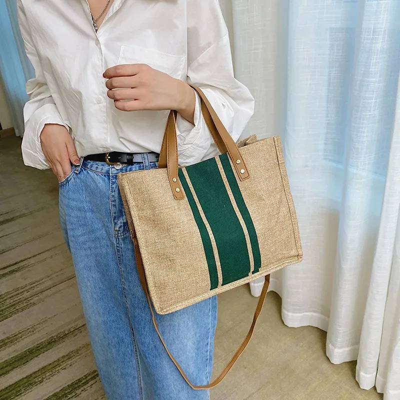 Women's simple large capacity casual shoulder crossbody bag canvas striped decorative bucket shaped handbag top handle handbag