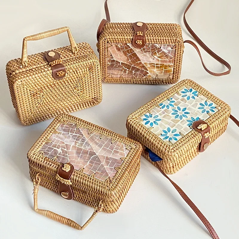 

Cute Shell Patchwork 2023 Women's Casual Bag Vine Weaving Mini Retro Square Box Handbags for Women Holiday Travel Women's Wallet