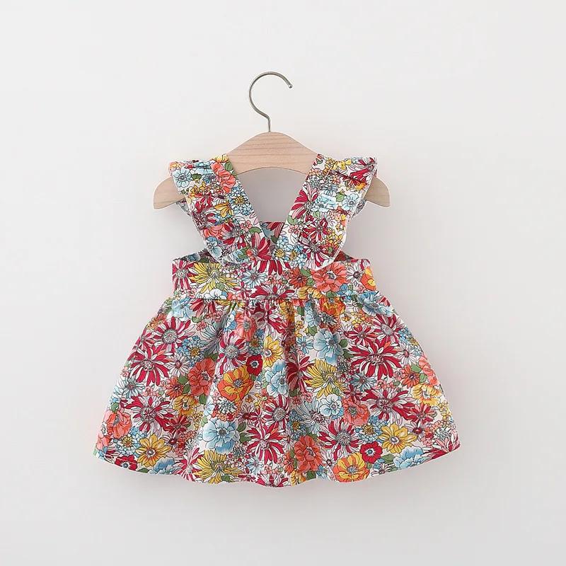 Summer Baby Girl's Dress New Vintage Garden Flower Flying Sleeve Dress with Straw Bag