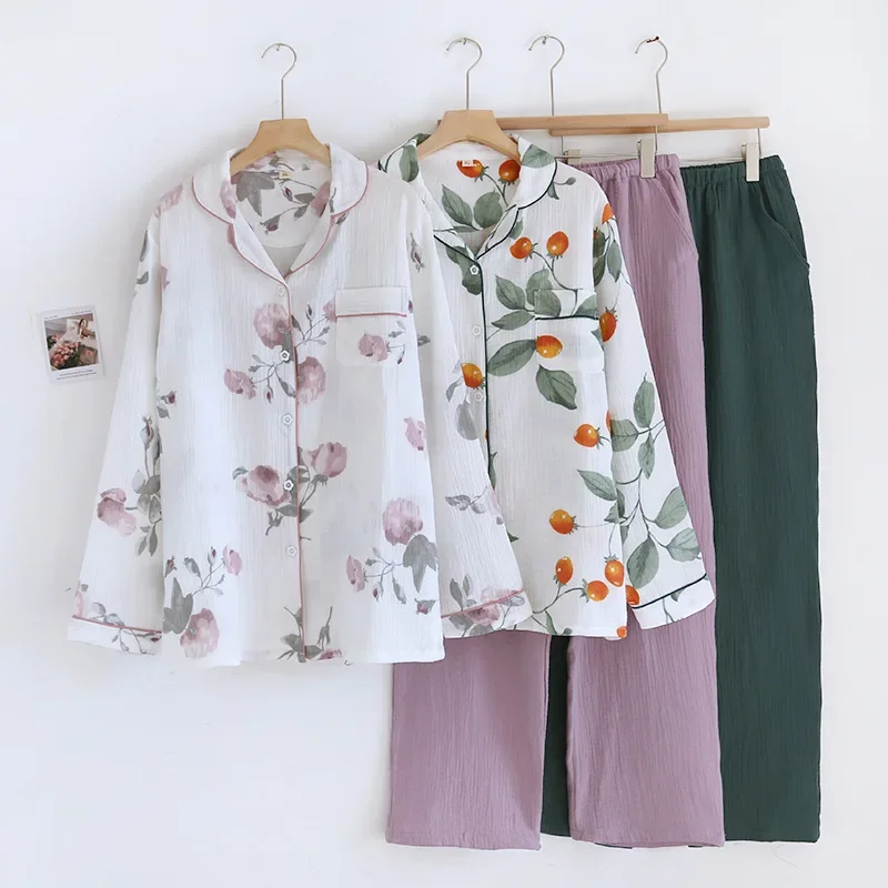 2024 Japanese New Women's Pajama Set 100% Pure Cotton Crepe Flower Minimalist Long Sleeve Two Piece Home Fury Set Sleepwear