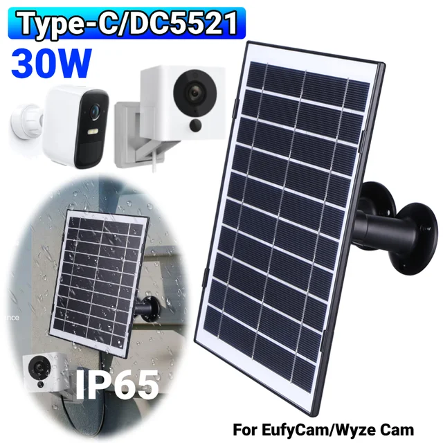 Chargeur solaire 30W Micro USB/USB-C/DC5521, Kit de panneaux solaires, étanche IP65, câble de chargement de 9,8 pieds, Compatible avec EufyCam/Wyze Cam 1