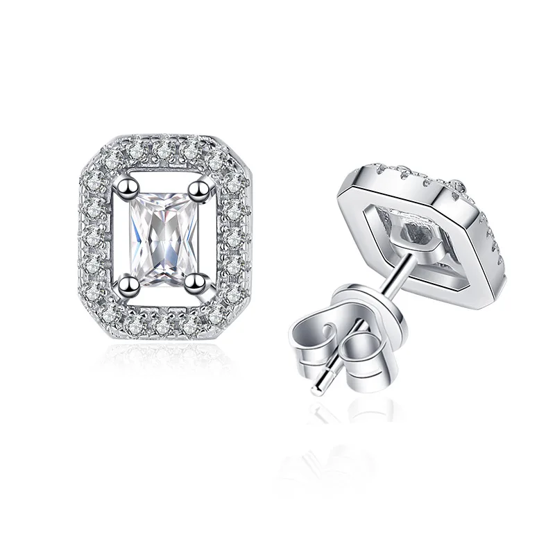 

Luxury High-end S925 Sterling Silver Full Diamonds Rectangular Platinum Plated 1 Carat D color Moissanite Stud Earrings For Wome