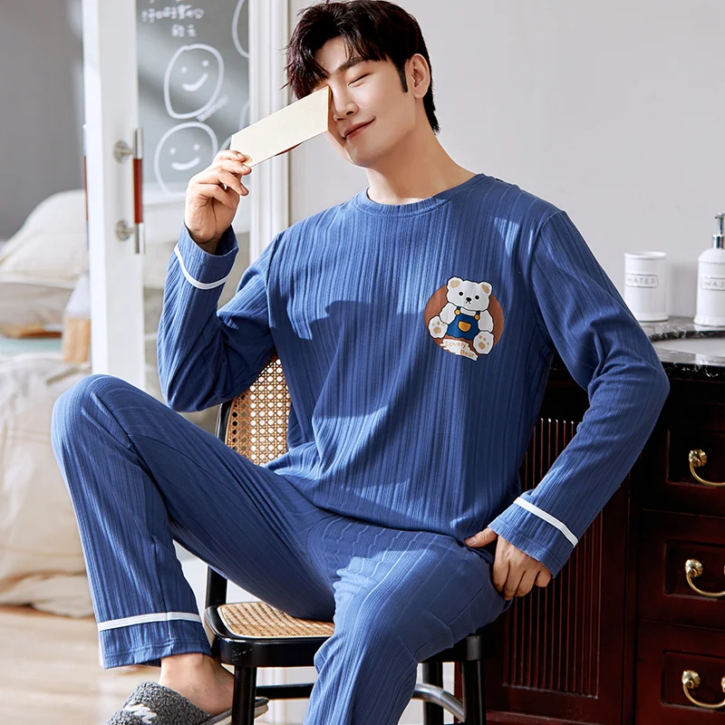 Korean Fashion Cotton Sleepwear For Men Long Sleeves Sleeping Tops
