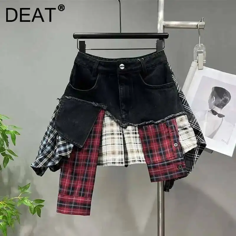 DEAT Vintage Irregular Patchwork Plaid Skirts Denim Short For