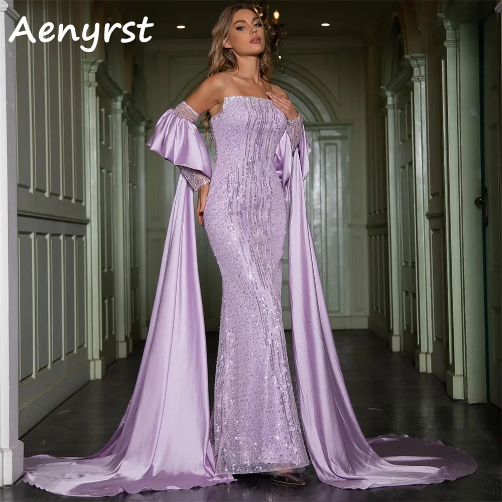 

Aenyrst Purple Luxury Sequined Crystal Prom Dresses Beading Mermaid Half Sleeve Evening Gowns Floor Length Formal Occasion Dress