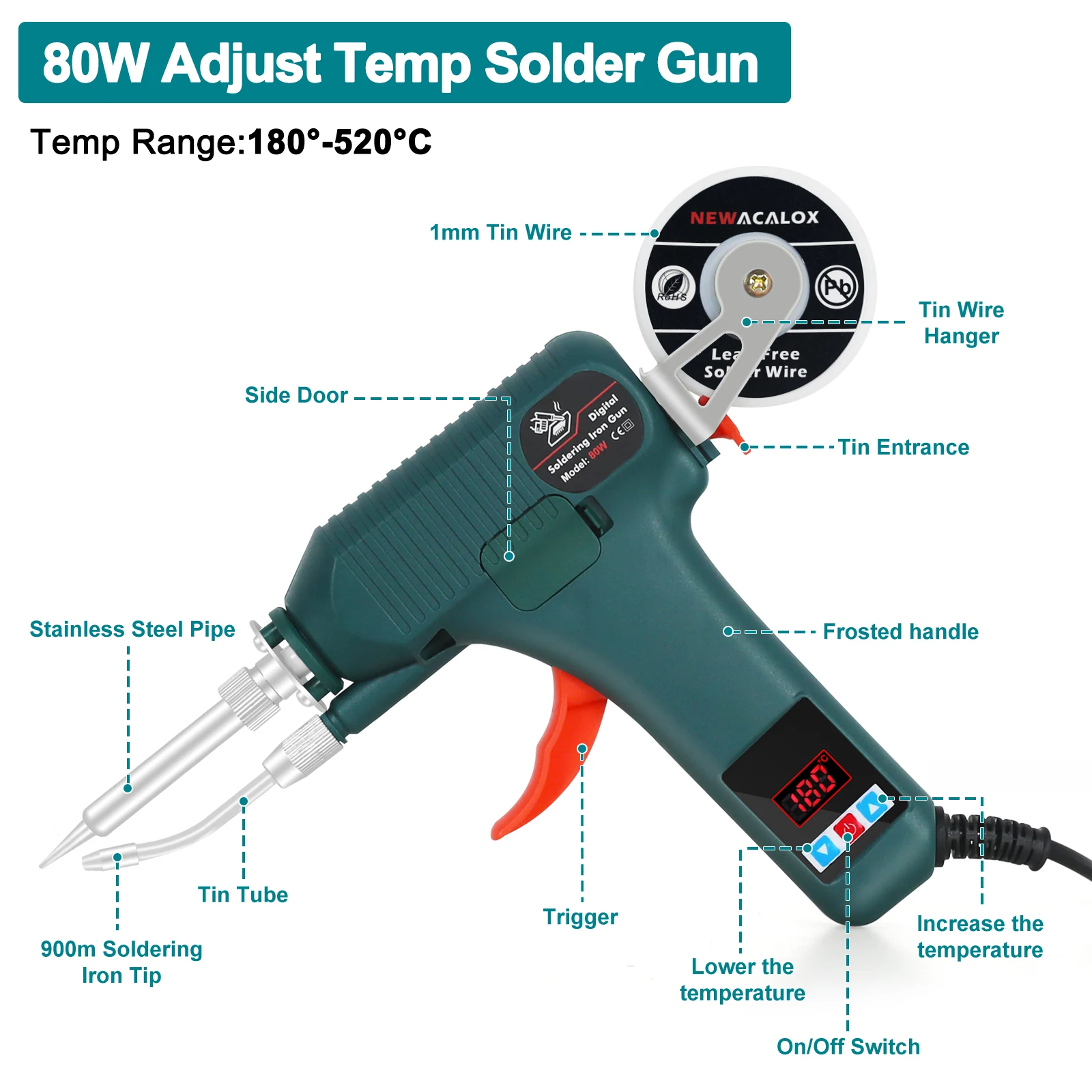 NEWACALOX  80W Digital Display Automatic Send Tin Gun 180-520℃ Adjustable Electrical Soldering Iron Gun EU/US for Welding Repair