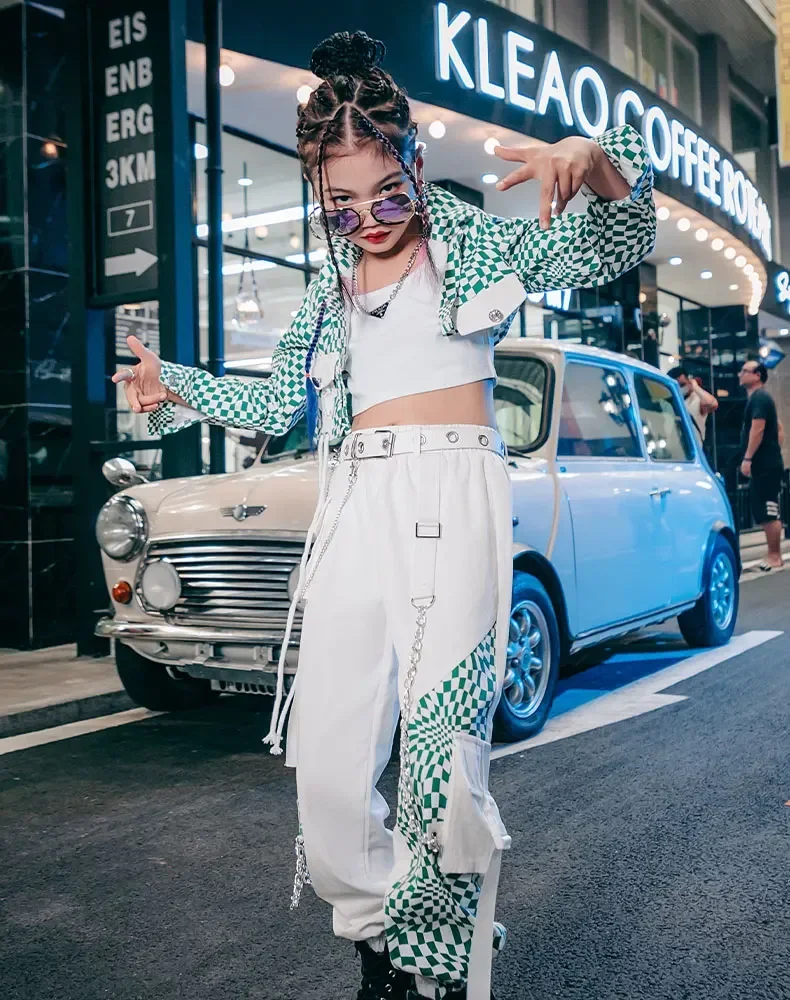 

ZZL Y2K Girls Clothes K-pop Stages Outfits Green White 3pcs Suit Jazz Street Dance Urban Children Runway Show Performance Wear