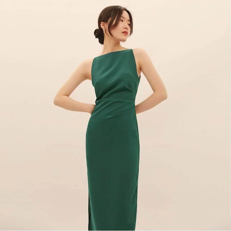 

Solid Women Dresses Sleeveless Slash Neck Waisted Slip Dress Korean Style Tight Sexy Backless Mid-calf Dress for Women Clothing
