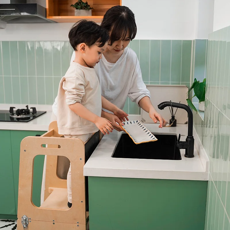 XIHATOY Montessori Foldable Wood Kitchen Tower Toddler Step Stool Desk Table And Baby High Feed Chair Kitchen Helper Stool