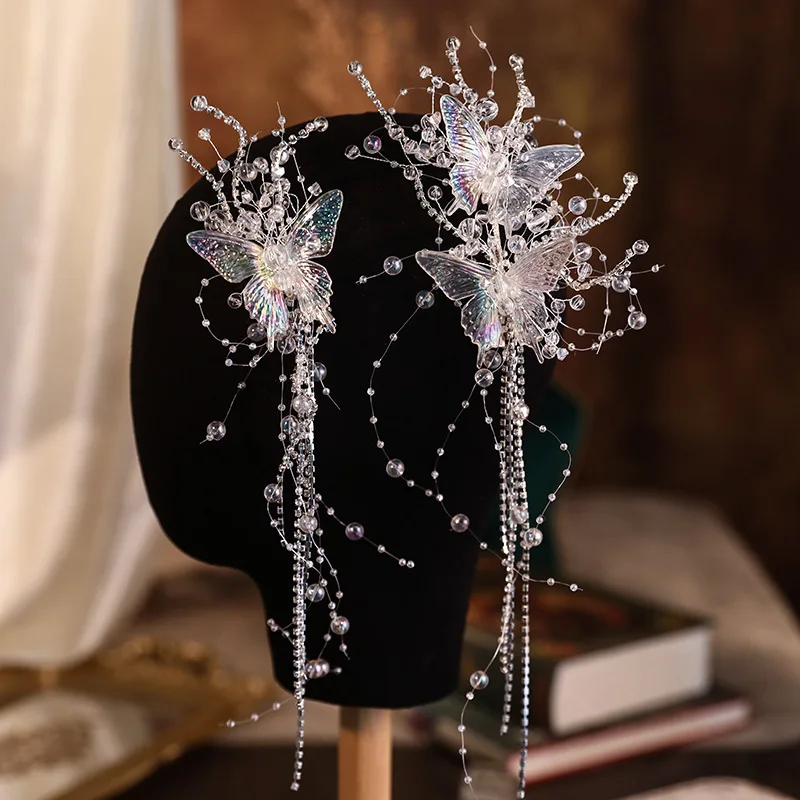 Crystal Bridal Tiara Hairgrips For Women Bride Princess Butterfly Tassel Barrettes Wedding Hair Accessories