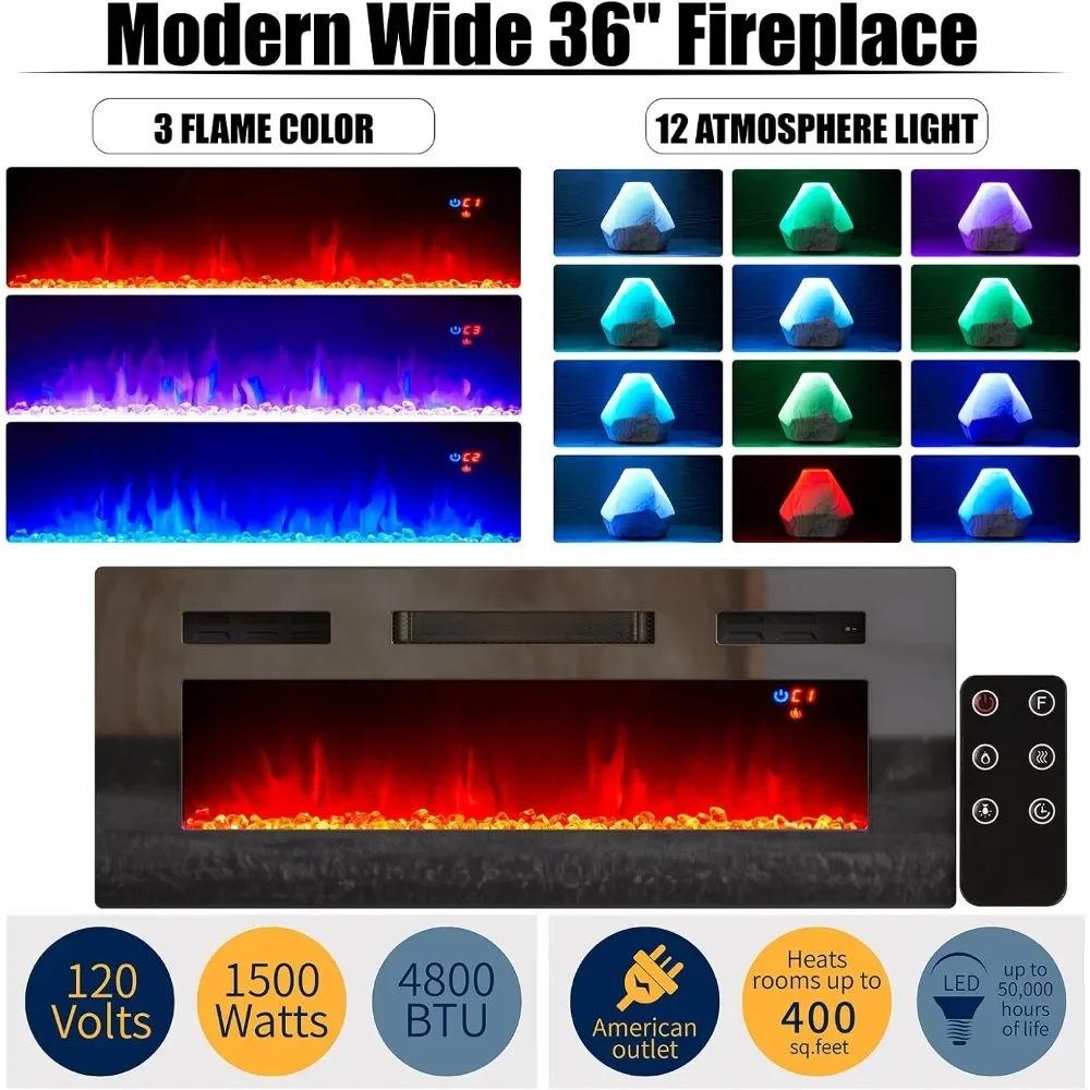 Fireplace TV Stand with Fireplace, Modern High Gloss Fireplace Entertainment Center LED Lights, 2 Tier TV Console Cabinet 2