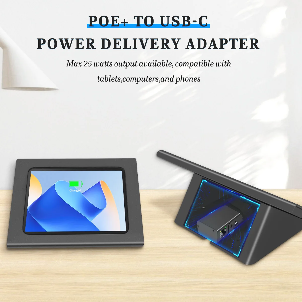 PoE Adapter 802.3at PoE+ to USB-C for Tablets 25W Max Output PD3.0 Charger for iPad Samsung Tab Convert PoE to 5V,9V,12V,15V,20V