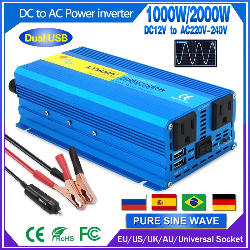 1000W/2000W Pure Sine Wave Power Inverter DC 12V/24V To AC 110V/230V Car Converter 3.1A  Dual USB EU/US//UK/AU/Universal Socket